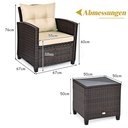 3-TLG. Rattan Gartenmöbel Set Inkl. 2 Sessel & 1 Beistelltisch Polyrattan Sitzgruppe Gartengarnitur
