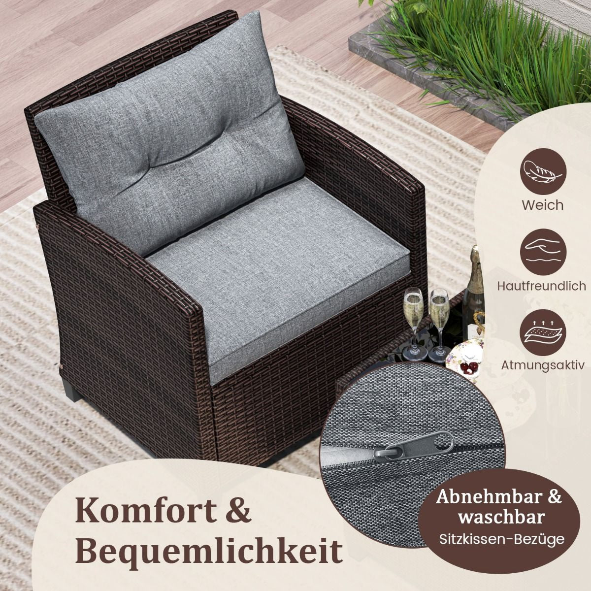 3-TLG. Rattan Gartenmöbel Set Inkl. 2 Sessel & 1 Beistelltisch Polyrattan Sitzgruppe Gartengarnitur