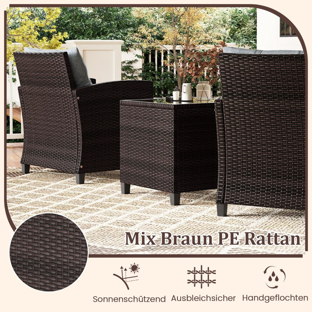 3-TLG. Rattan Gartenmöbel Set Inkl. 2 Sessel & 1 Beistelltisch Polyrattan Sitzgruppe Gartengarnitur