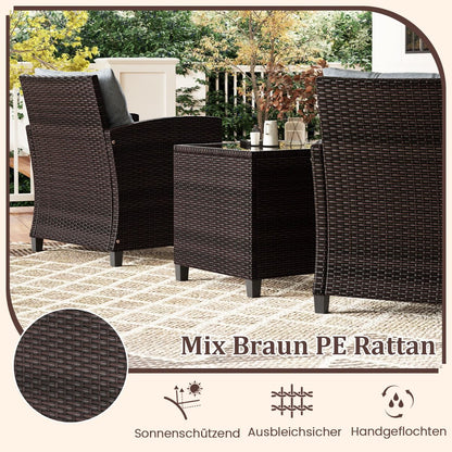 3-TLG. Rattan Gartenmöbel Set Inkl. 2 Sessel & 1 Beistelltisch Polyrattan Sitzgruppe Gartengarnitur