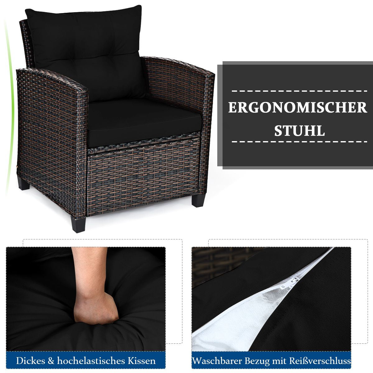 3-TLG. Rattan Gartenmöbel Set Inkl. 2 Sessel & 1 Beistelltisch Polyrattan Sitzgruppe Gartengarnitur