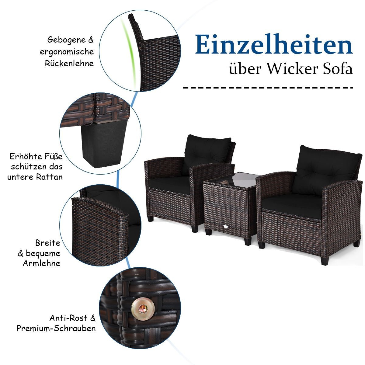 3-TLG. Rattan Gartenmöbel Set Inkl. 2 Sessel & 1 Beistelltisch Polyrattan Sitzgruppe Gartengarnitur