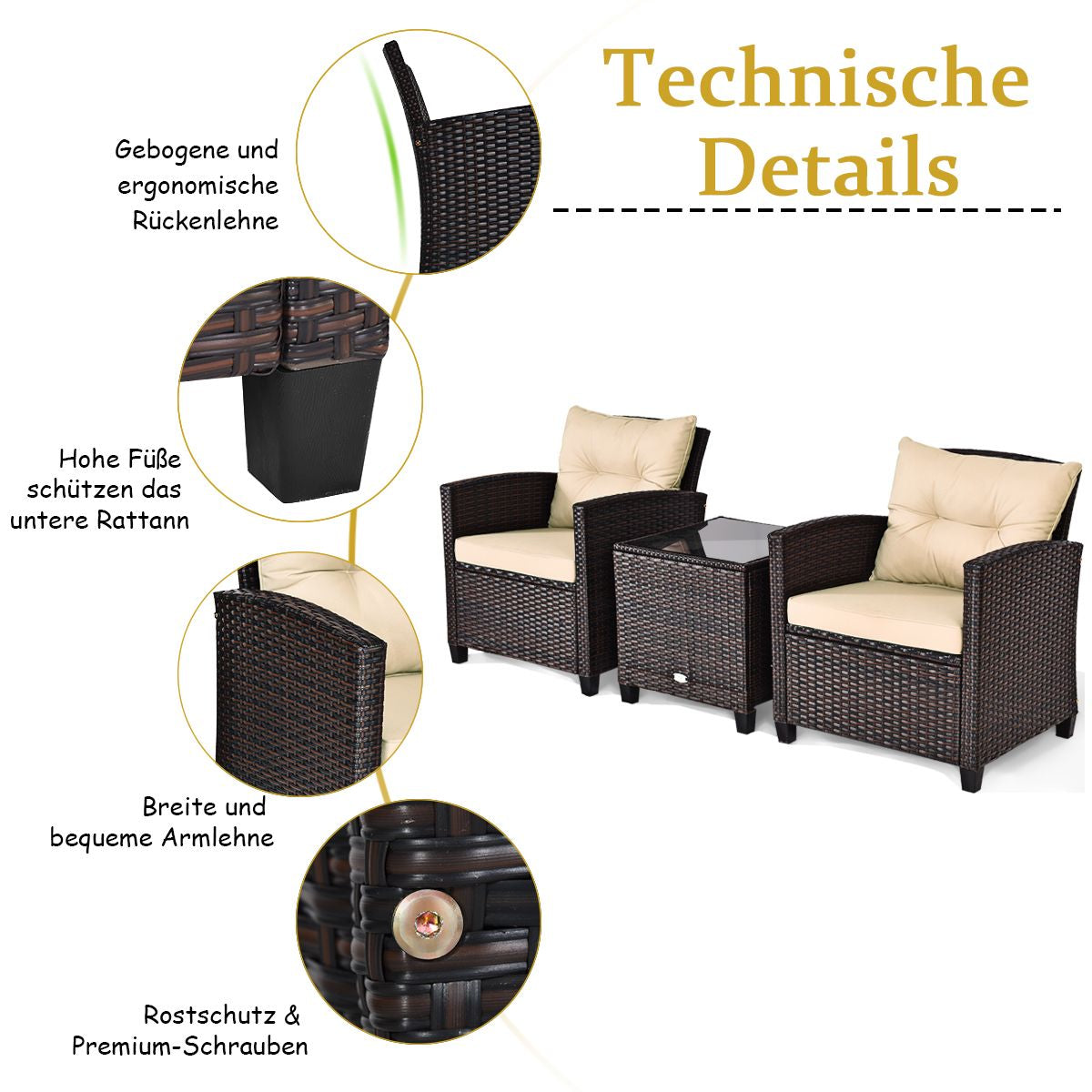 3-TLG. Rattan Gartenmöbel Set Inkl. 2 Sessel & 1 Beistelltisch Polyrattan Sitzgruppe Gartengarnitur