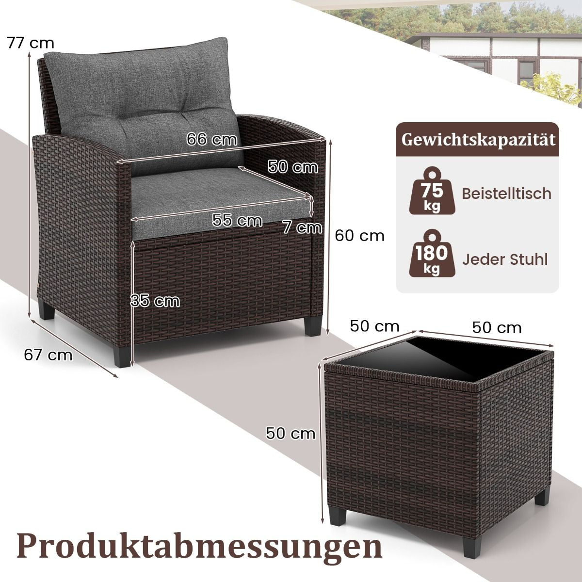 3-TLG. Rattan Gartenmöbel Set Inkl. 2 Sessel & 1 Beistelltisch Polyrattan Sitzgruppe Gartengarnitur