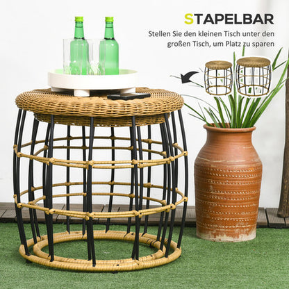 Outsunny Rattan Beistelltisch 2Er-Set Couchtisch, Stapelbar Sofatisch Für Garten