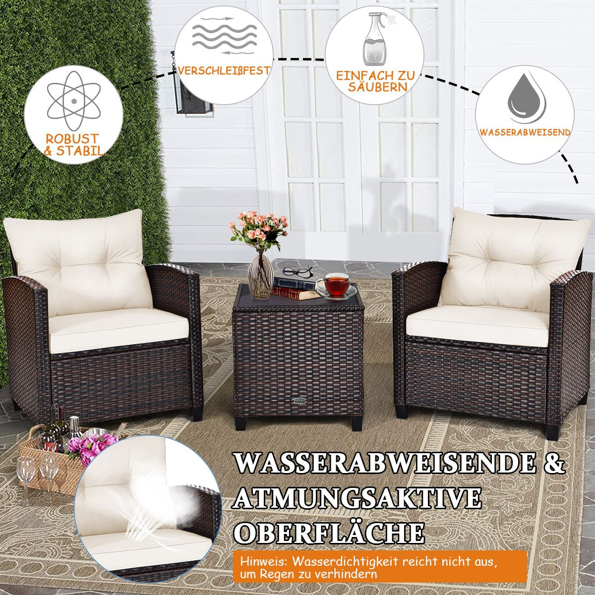 3-TLG. Rattan Gartenmöbel Set Inkl. 2 Sessel & 1 Beistelltisch Polyrattan Sitzgruppe Gartengarnitur