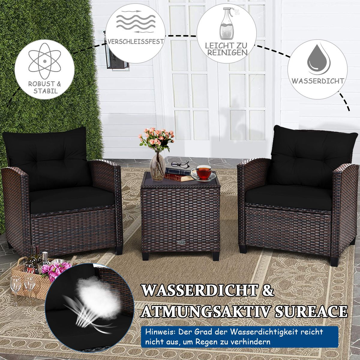 3-TLG. Rattan Gartenmöbel Set Inkl. 2 Sessel & 1 Beistelltisch Polyrattan Sitzgruppe Gartengarnitur