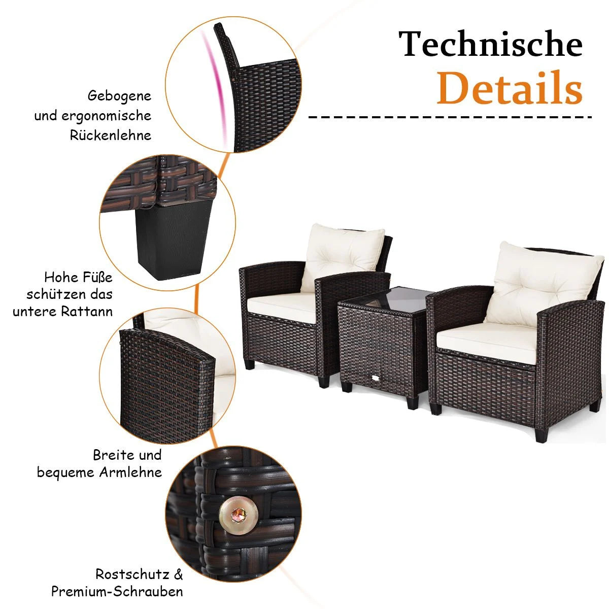 3-TLG. Rattan Gartenmöbel Set Inkl. 2 Sessel & 1 Beistelltisch Polyrattan Sitzgruppe Gartengarnitur