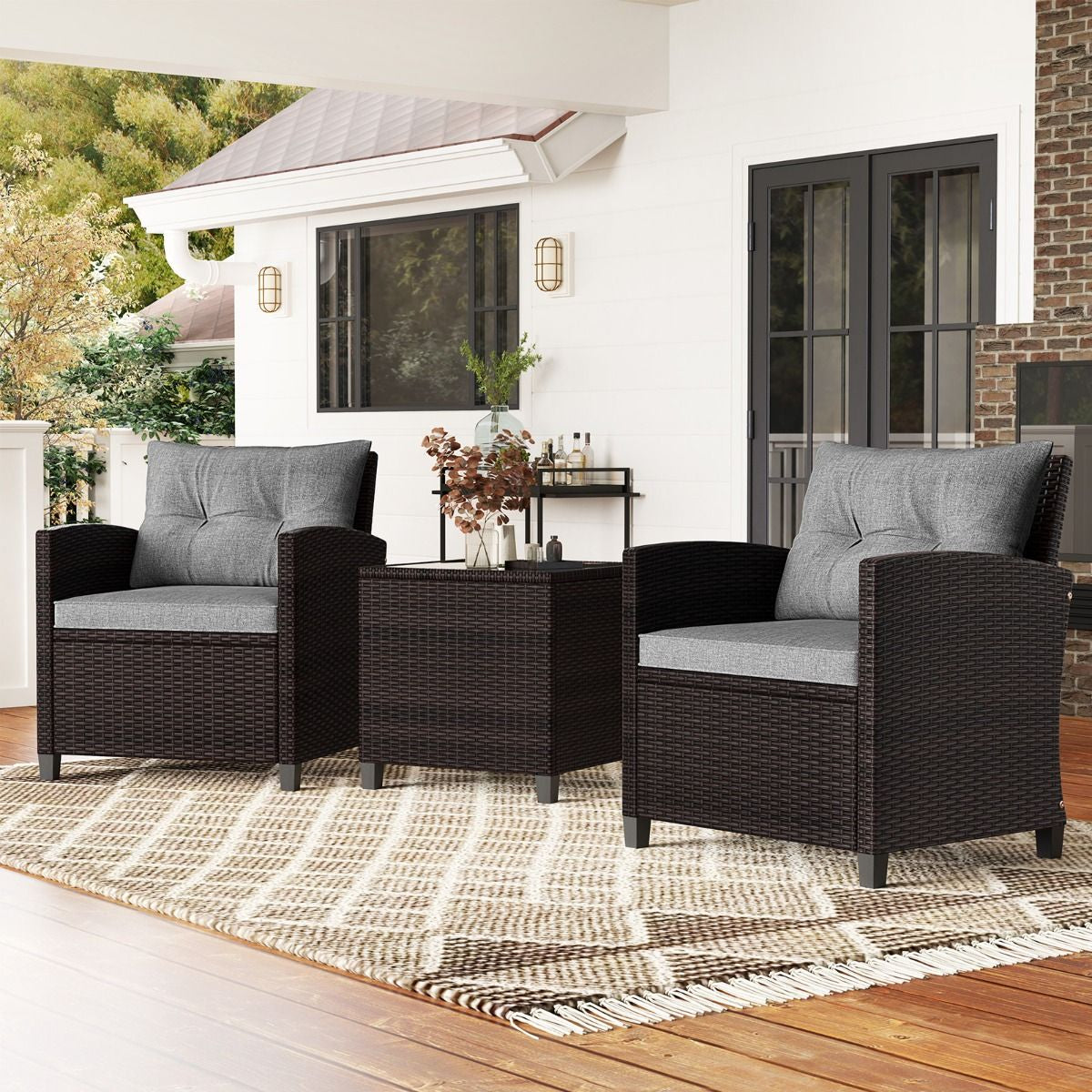 3-TLG. Rattan Gartenmöbel Set Inkl. 2 Sessel & 1 Beistelltisch Polyrattan Sitzgruppe Gartengarnitur